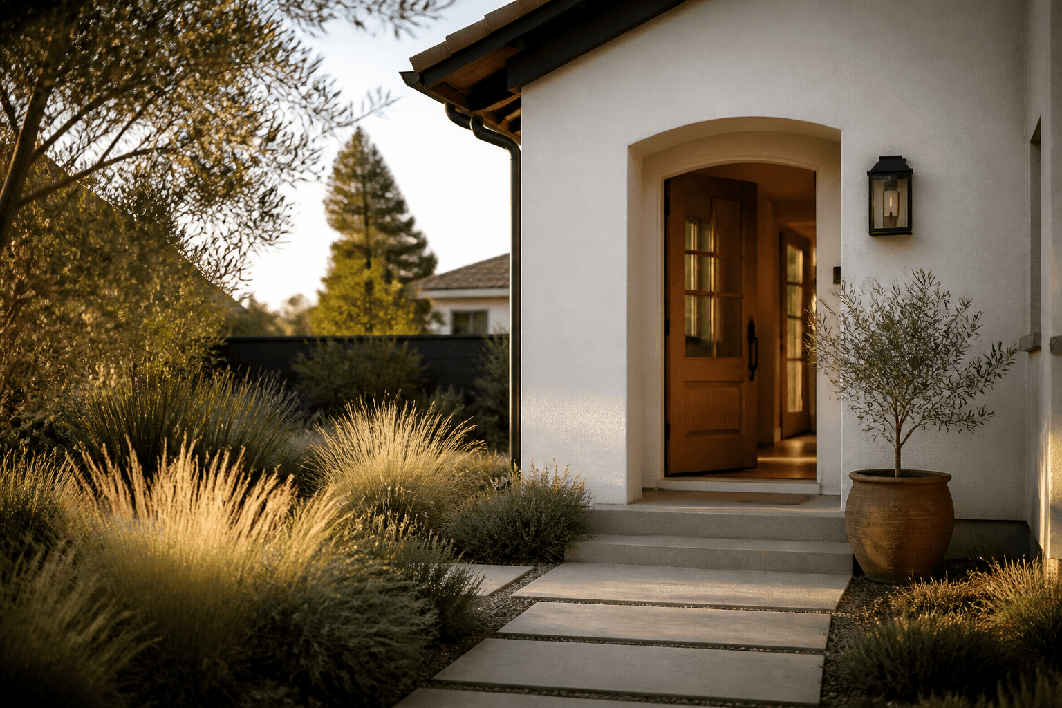 A welcoming San Francisco Bay Area home entrance in late afternoon light